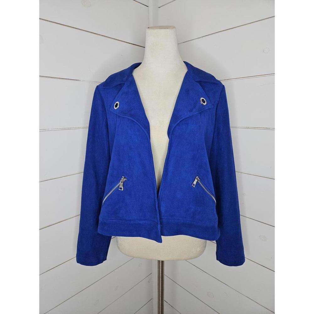 Chico's Size 1 US Medium Blue faux suede swing jacket with zippers